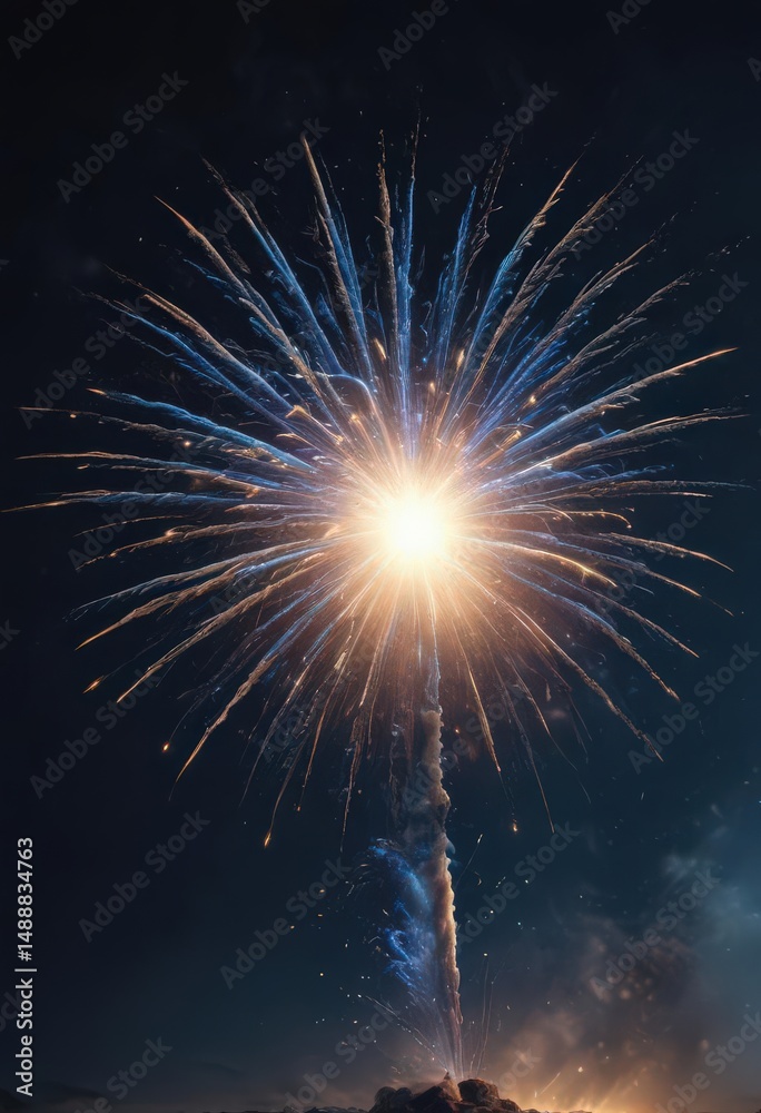Fototapeta premium Single blue firework explodes, sharp focus on fiery details, atmospheric depth , depth, aesthetic