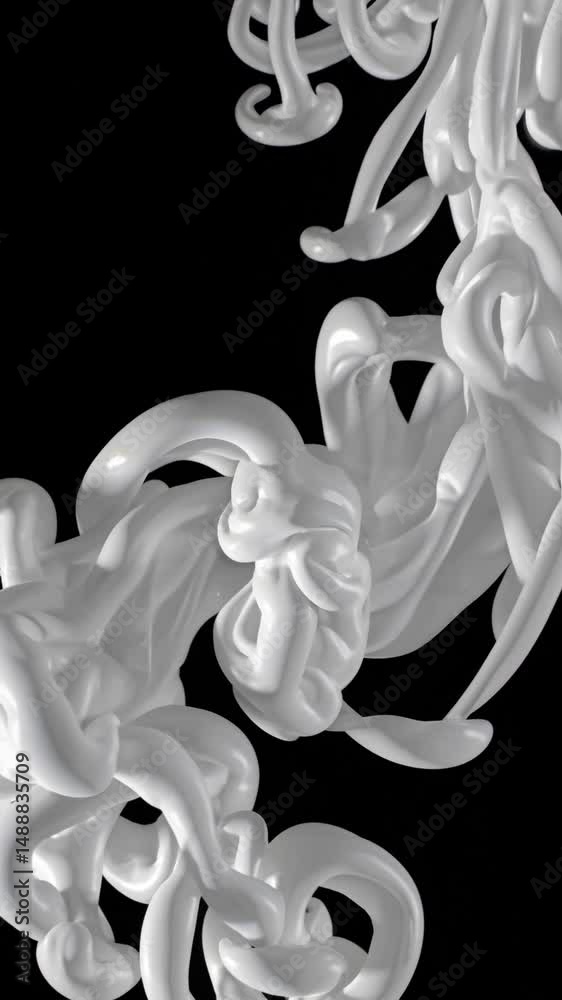 Tourbillons blancs fluides en suspension sur fond noir, texture liquide artistique et abstraite

