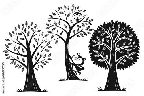 Simple black icons of various coniferous and deciduous trees, depicted as elegant silhouettes, make for beautiful decorative plant graphics