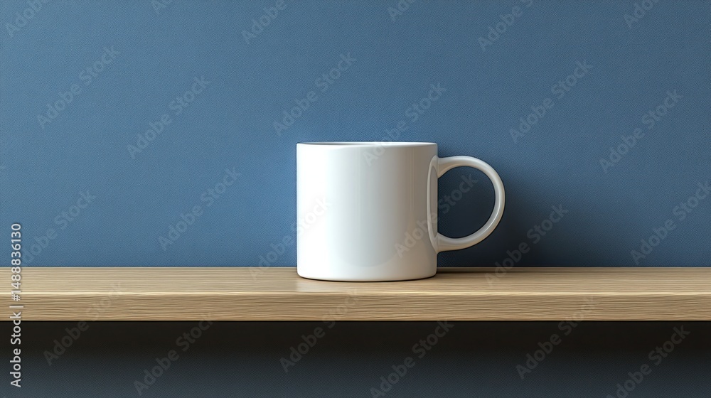 Fototapeta premium White mug on light shelf against a deep blue wall