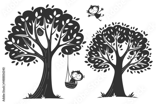 Simple black icons of various coniferous and deciduous trees, depicted as elegant silhouettes, make for beautiful decorative plant graphics