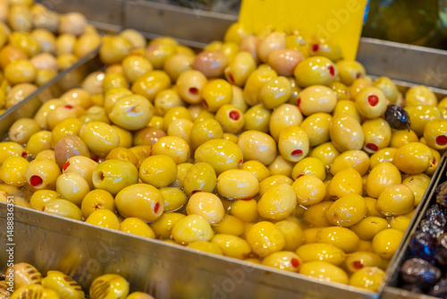 Yellow and green olives at the Istanbul market photo