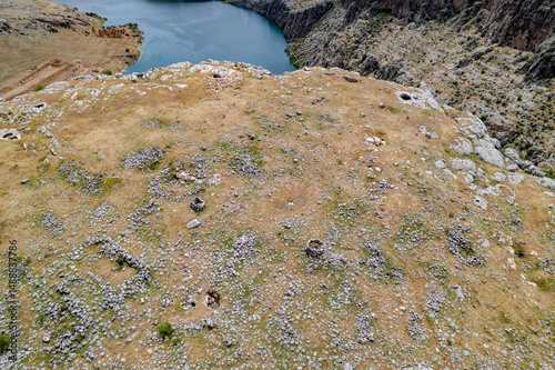 Aerial View of Ancient Settlement Remains along the Euphrates River with Surrounding Canyons – Hidden Archaeological Site in Southeastern Turkey