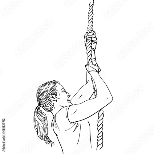 Hand-drawn vector illustration of a woman climbing a rope, ponytail flowing. Black and white line art without shading, dynamic strength and focus. Ideal for fitness, sports, active lifestyle themes