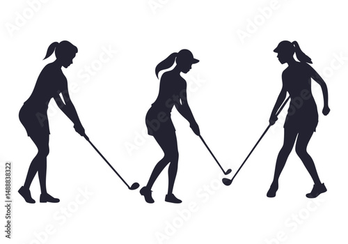 A set of Girl golf players silhouettes in black vector silhouettes