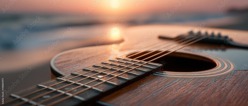Fototapeta premium Intimate melodies guitar strings illuminate a beach sunset