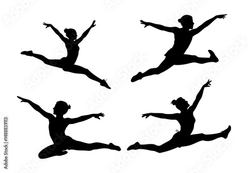 A set of gymnastic poses silhouettes, a black silhouette of a woman gymnastics, Gymnast girl, isolated black vector silhouettes