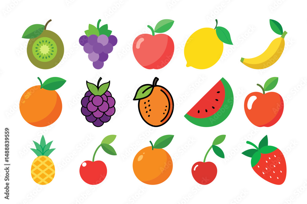 Set of Cartoon fruits collection with leaves Set of Cartoon fruits collection with leaves