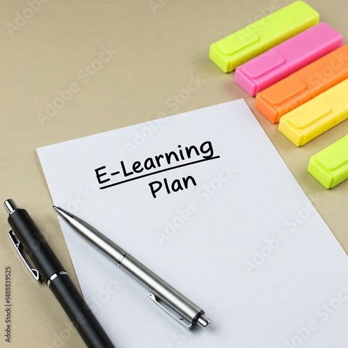 Flat Lay with E-learning Plan Paper, Pen and Highlighters – Study Concept