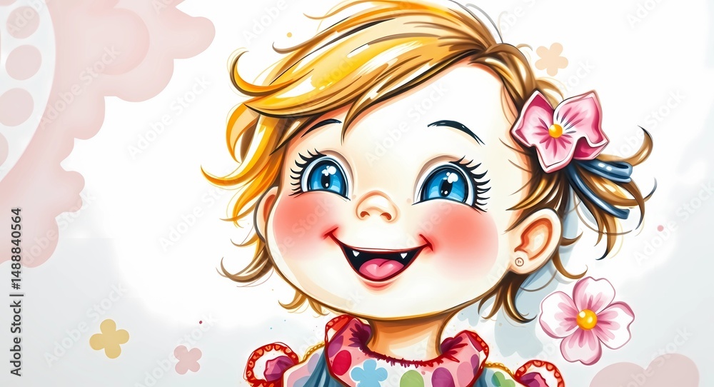 Fototapeta premium Cute baby girl illustration with flower hair clip for children's book and art print