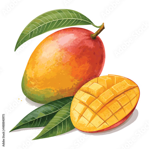 Hand drawn watercolor mango composition isolated on white background. Fruit delicious illustration.