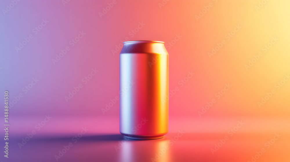 Sleek metallic can illuminated by vibrant gradient of orange, pink and purple hues Sleek metallic can illuminated by vibrant gradient of orange, pink and purple hues