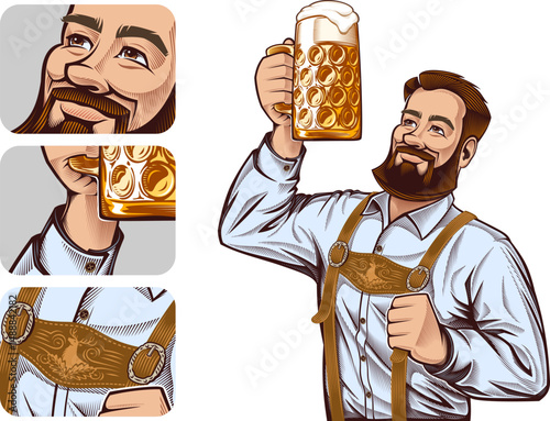 Cheerful vintage cartoon beer lover holding glass of craft beer. Hipster character for beer fest Oktoberfest; Color vector illustration in retro hatching, engraving, line art. Hand-drawn by human