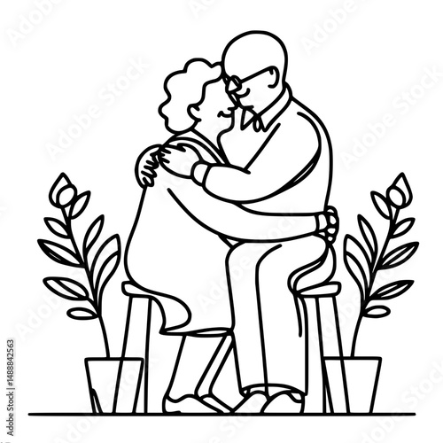 Elderly couple embracing while sitting on stools with plants nearby - Concept of single line outline vector  
