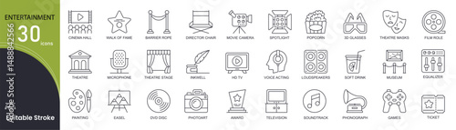 Entertainment concept simple line icons set. Pack outline pictograms of clapperboard, bullhorn, film, movie, camera, ticket, cinema hall and other. Editable stroke . Outline icons