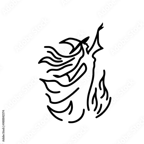 Abstract single line outline vector illustration of dynamic witch figure on fire