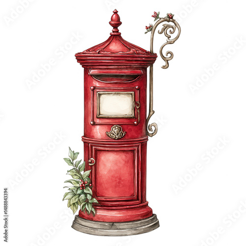 Watercolor illustration of a red antique mailbox decorated with holly branch