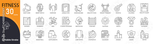 Fitness related line icons set. Bundle of fit, weight, cardio, gym, exercise bike, training, swimming, running, diet and other. Editable Stroke .Outline icons