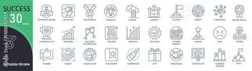 Success related line icons set. Bundle of creative, premium, ladder, career, rating, goal, champion cup, growth, victory and other. Editable stroke. Outline icons