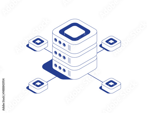 Server room isometric illustration with large server rack surrounded by smaller servers connected by data cables and network flows in line contour vector style.