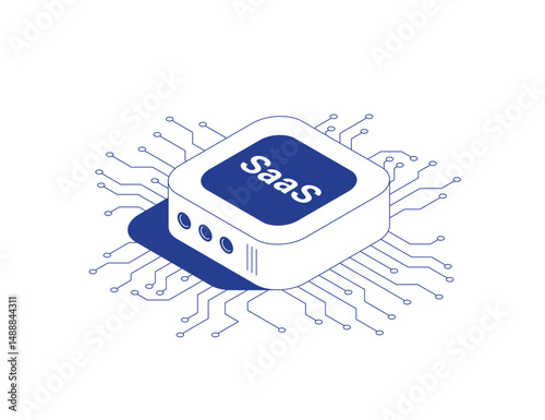 SaaS platform server rack with circuit board tracks below in isometric line contour vector illustration.