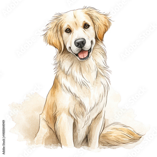 Adorable golden retriever puppy with a happy expression sits attentively