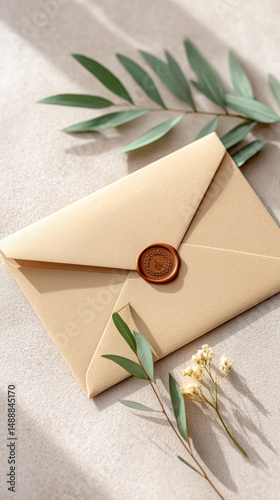 Elegant botanical flat lay with wax sealed envelope for invitations and stationery design