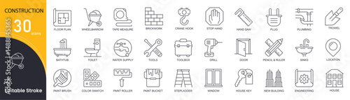 Construction concept simple line icons set. Pack outline pictograms of house, tower crane, builder, location, supply, tools, wheelbarrow and other. Editable stroke . Outline icons.