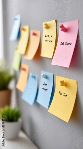 Online education concept with colorful sticky notes on wall for creative planning and learning