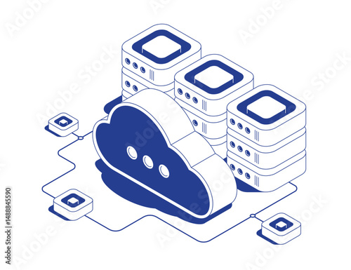 Cloud hosting concept with server racks and cloud storage icon showing data transfer in web technology isometric line contour vector illustration.