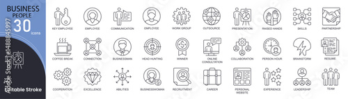 Business people concept simple line icons set. Bundle of team, employee, recruitment, partnership, consultation, brainstorm and other. Editable stroke . Outline icons.