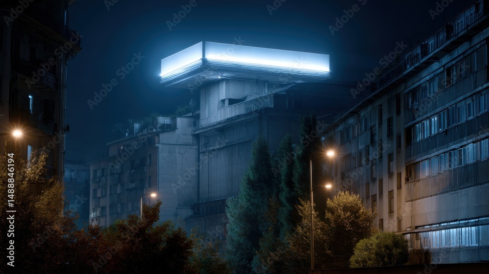 Obraz premium A city street at night with a tall building in the background