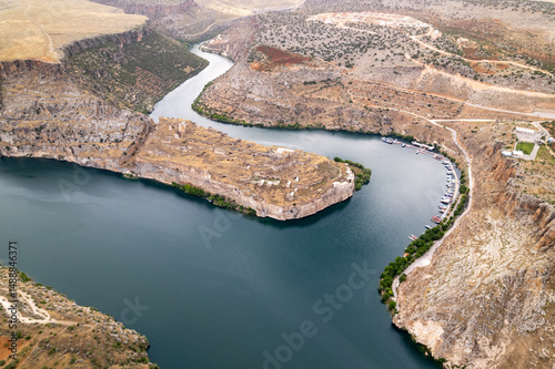 Aerial View of Rumkale Fortress on the Euphrates River – Ancient Citadel at the Confluence of the Euphrates and Merzimen Stream, Turkey