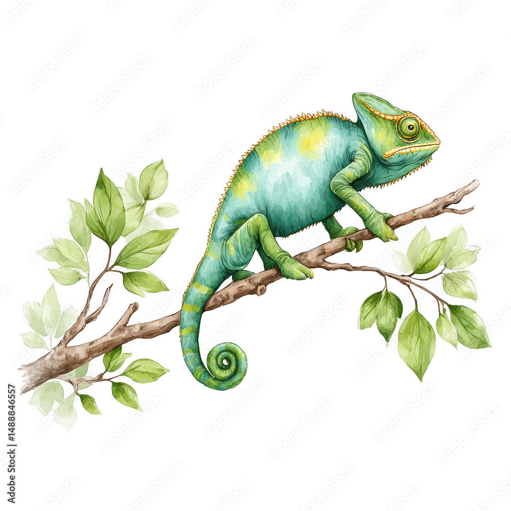 Fototapeta premium A charming turquoise chameleon perched gracefully on a branch with leaves.