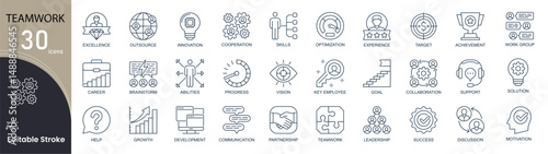 Teamwork related line icons set. Bundle of team, planning, connection, cooperation, optimization, brainstorm, achievement and other. Editable stroke .Outline icons..