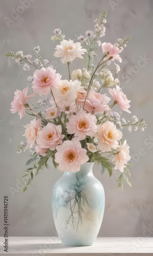 Delicate pastel watercolor blooms in a vase  Soft hues, artistic floral arrangement , brushstrokes, illustration, creative