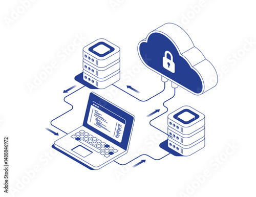 Secure cloud programming concept with developer laptop connected to server racks and protected cloud storage featuring lock icon in isometric line contour vector illustration.