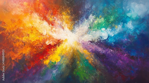 A burst of vibrant colors like a rainbow exploding with paint powder.
