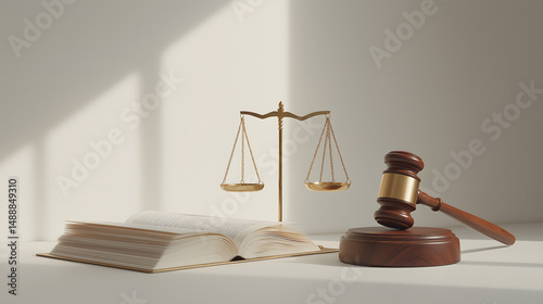 Elegant Golden Scales of Justice with Wooden Gavel and Open Law Book in Soft Natural Light
