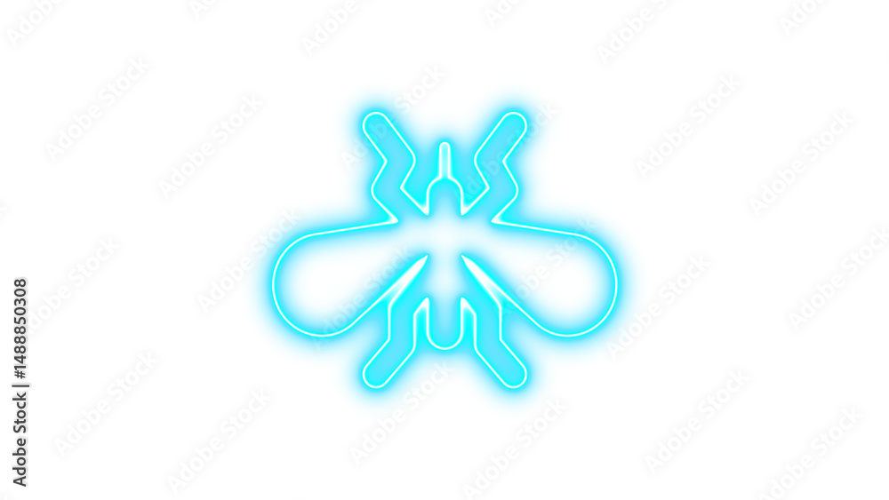 Fototapeta premium Blue neon light in the shape of a stylized insect, Neon mosquito icon glow with transparent background