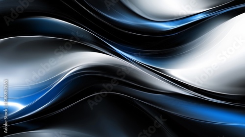 A modern design with black, dark blue, and white. It has simple shapes, smooth color changes, and a 3D feel. Could be used for websites with a cool, high-end look.
