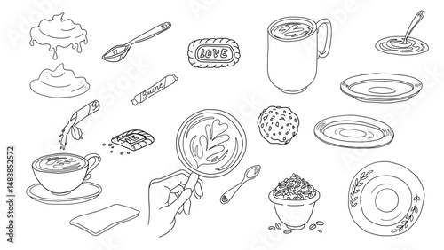 série d'éléments autour du café, cappuccino, latte et dessert