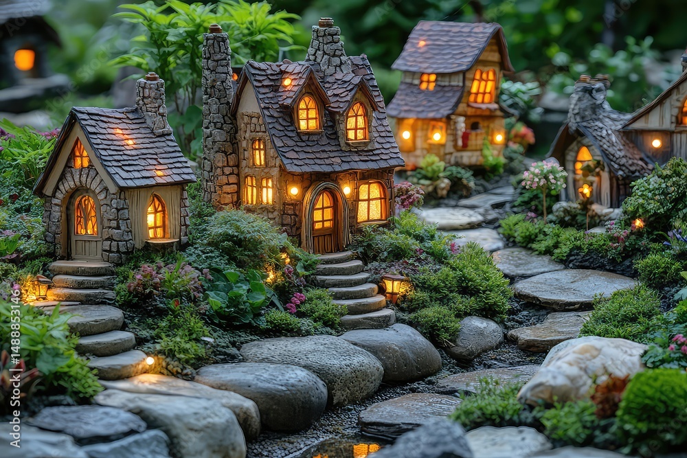 Obraz premium A whimsical fairy garden with miniature houses and twinkling lights at twilight