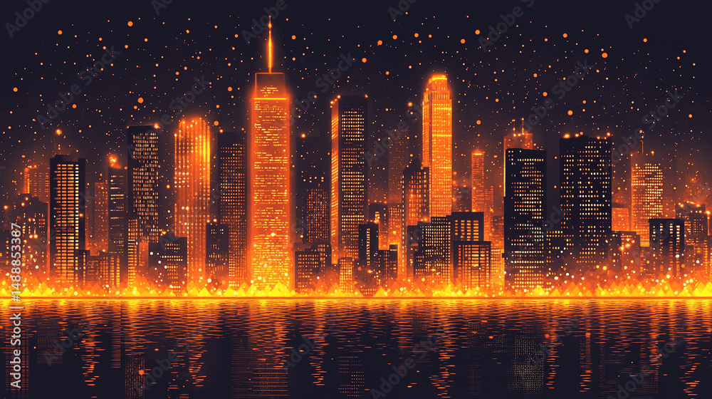 Fototapeta premium A golden, modern futuristic cityscape featuring glowing skyscrapers and a structured geometric grid. The skyline radiates with sleek, metallic architecture, symbolizing technological advancement, luxu