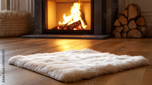 Cozy Home Fireplace with Warm Rug and Hardwood Floor

 photo