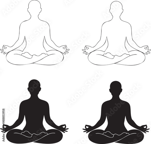 Meditation silhouette & Outline set vector illustration isolated On Transparent Background