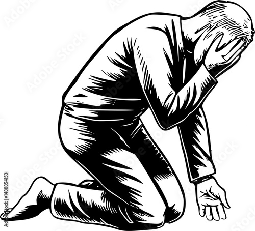 Vintage Crying Man Illustration – Kneeling Figure with Hand on Face in Emotional Despair, Sadness, Trauma, Regret, Grief and Broken Spirit – Line Art Vector