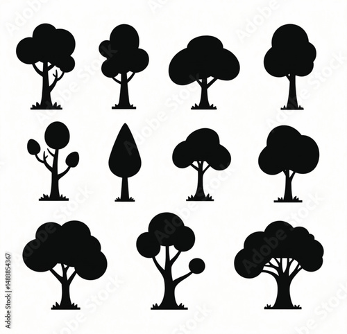 Oak tree set silhouette vector on white background