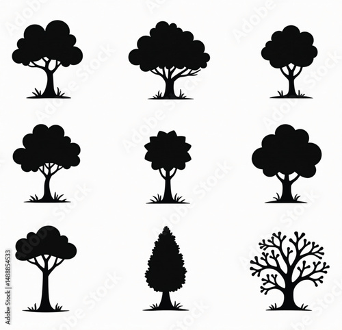Oak tree set silhouette vector on white background