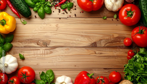 Vibrant Fresh Vegetables and Herbs on Rustic Wooden Background